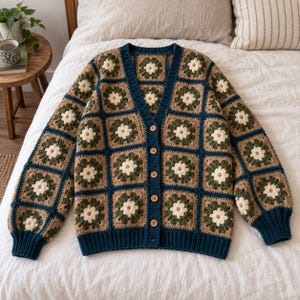 Könnte beinhalten: Eine langärmelige Häkelstrickjacke mit einem wiederkehrenden Granny-Square-Muster in den Farben Hellbraun, Dunkelgrün und Creme. Das Kleidungsstück hat einen tiefen V-Ausschnitt, einen dunkelblauen Rippsaum und fünf hellbraune Knöpfe.