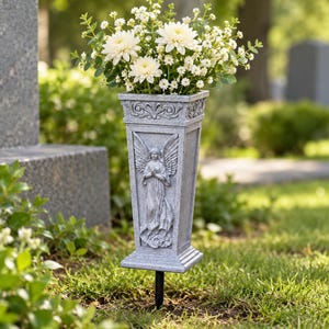 Könnte beinhalten: Eine graue, konisch zulaufende, rechteckige Grabvase mit einem Relief eines Engels mit Flügeln auf der Vorderseite und dekorativen Verzierungen am oberen Rand. Die Vase ist auf einem schwarzen Metallstab befestigt und mit weißen Blumen gefüllt.