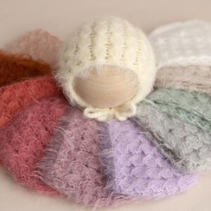 Cassie Newborn Bonnet, Fuzzy Baby Bonnet, Soft Baby Bonnet, Hand Knit Newborn Bonnet