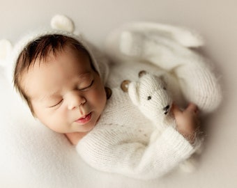 Conjunto de mameluco y gorro de punto para recién nacidos, mameluco de manga larga con pies de bebé, conjunto de mameluco y capó blanco, durmiente con pies para recién nacidos BLANCO
