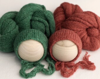 Newborn Knit Wrap and Bonnet Set, Fern Green & Brick Red Set, Baby Photo Prop