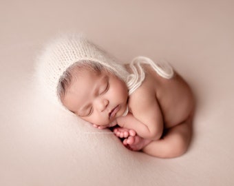 Pale Peach Angora Bonnet, Newborn Angora Bonnet, Angora Baby Bonnet, Newborn Photo Prop, Newborn Angora Hat - rosewater