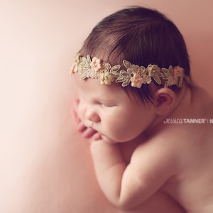 Newborn Headband, Newborn Photo Prop, Embellished Embroidery Headband, Newborn Flower Halo Headband, Ready to Ship Peach and Olive