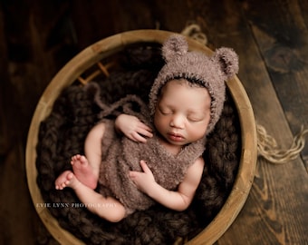 Newborn Knit Romper and Bear Bonnet Set: Fuzzy Baby Photo Prop