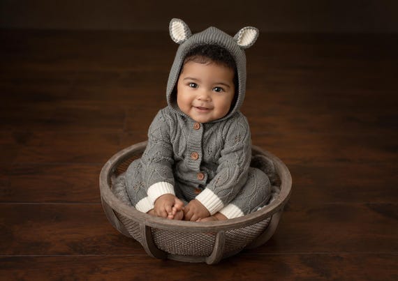 Sage Green Knit Baby Romper with Hood: 6-12 Months