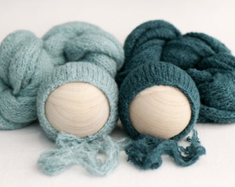 Newborn Stretch Wrap and Bonnet Set, Newborn Photo Prop, Brushed Knit Wrap and Bonnet Set, Newborn Photo Prop, Baby Photography Props - Teal