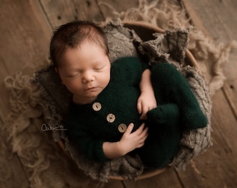 Newborn Knit Romper and Bonnet Set, Footed Long Sleeve Romper, Fuzzy Romper and Bonnet Set, Newborn Photo Prop, Baby Photo Prop - GREEN