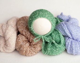 Newborn Speckled Knit Wrap and Bonnet Set: Knit Photo Prop