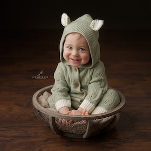 Sage Green Knit Baby Romper with Hood: 6-12 Months image 1