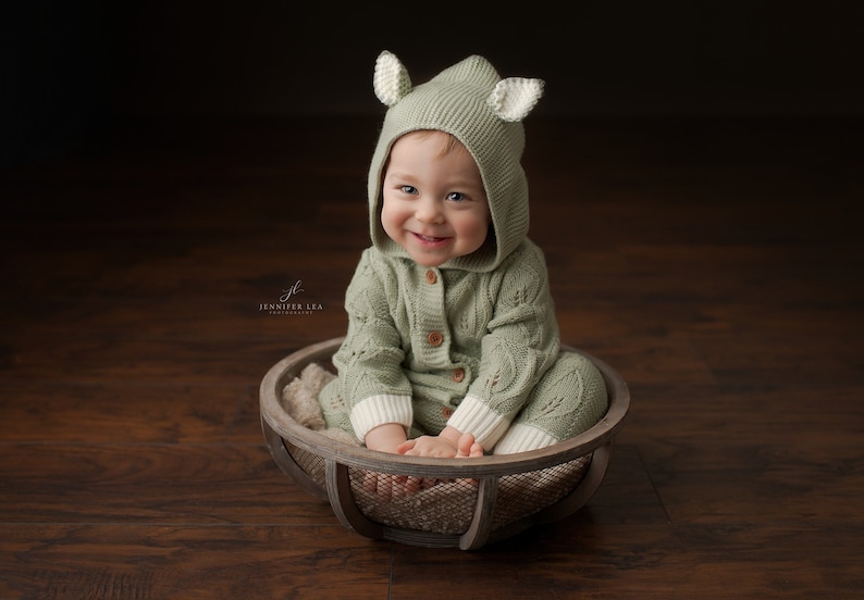 Sage Green Knit Baby Romper with Hood: 6-12 Months image 1