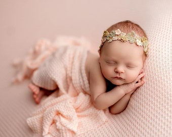 Newborn Headband, Newborn Photo Prop, Embellished Embroidery Headband, Newborn Flower Halo Headband, Ready to Ship