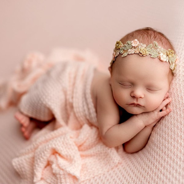 Newborn Headband, Newborn Photo Prop, Embellished Embroidery Headband, Newborn Flower Halo Headband, Ready to Ship