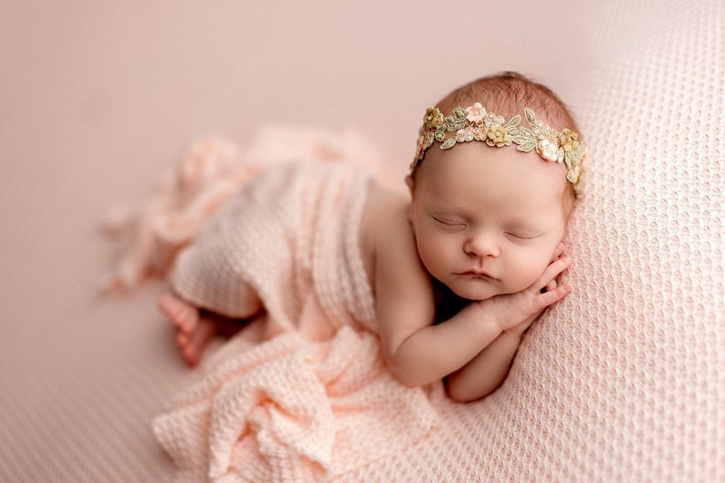 Newborn Headband, Newborn Photo Prop, Embellished Embroidery Headband, Newborn Flower Halo Headband, Ready to Ship image 1