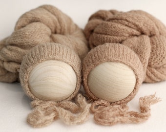 Newborn Photography Prop Set, Brushed Knit Wrap and Bonnet, Mushroom Hazelnut Brown Set