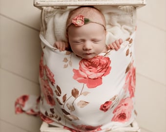 Reverie Wrap, Floral Stretch Wrap, White Pink Red Baby Wrap, Newborn Photo Prop, Floral Stretch Wrap, Floral Baby Wrap, Flower Stretch Wrap