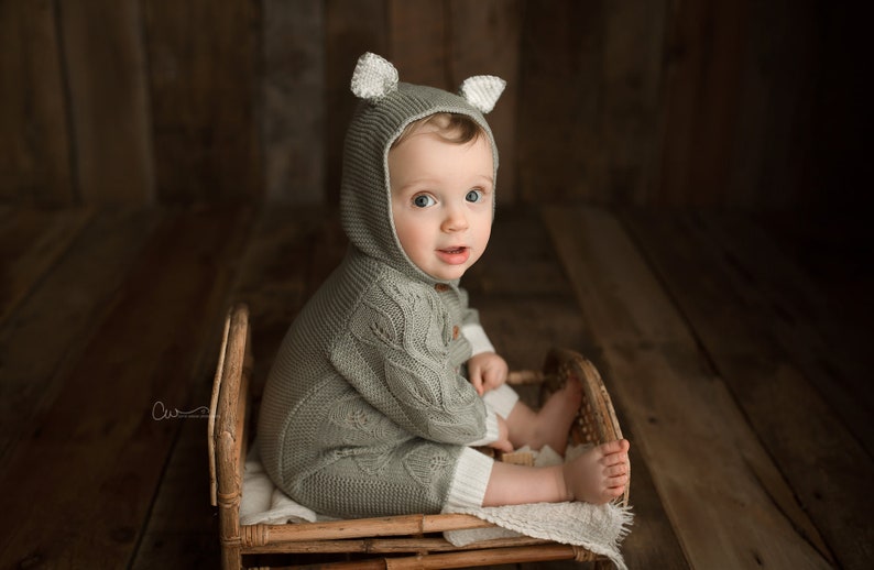 Sage Green Knit Baby Romper with Hood: 6-12 Months image 4