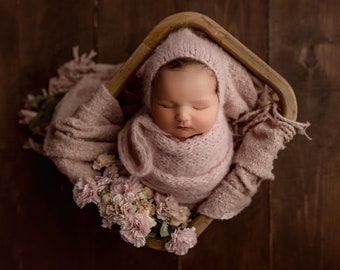 Stretch Wrap und Mütze Set für Neugeborene, Foto-Prop für Neugeborene, Gebürsteter Strick Wrap und Mütze, Baby Fotografie Requisiten - Blush Rosa und Baby Blau