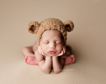 Newborn Bear Bonnet, Boucle Baby Bonnet, Newborn Photo Prop, Chunky Bear Bonnet, Newborn Bear Hat - 9 colors