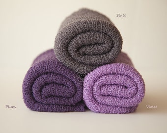 Newborn Knit Stretch Wrap, Newborn Photo Prop, Baby Stretch Wrap, Textured Newborn Wrap, RTS - Plum, Violet, Slate