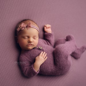 Newborn Knit Romper and Bonnet Set, Baby Footed Long Sleeve Romper, Fuzzy Romper and Bonnet Set, Newborn Prop, Baby Photo Prop - 4 colors