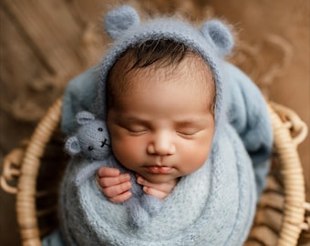 Bear Bonnet, Newborn Bear Bonnet, Fuzzy  Baby Bonnet, Newborn Photo Prop, Newborn Bear Hat - 18 colors