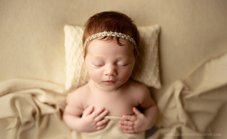 Dainty Baby Headband, Newborn Photo Prop, Beaded Baby Headband, Dainty Newborn Headband image 1