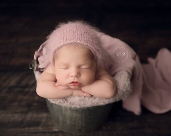 Pink Angora Bonnet, Newborn Angora Bonnet, Angora Baby Bonnet, Newborn Photo Prop, Newborn Angora Hat - DUSTY PINK