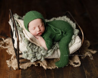 Newborn Knit Romper and Bonnet Set: Fuzzy Moss Green Outfit