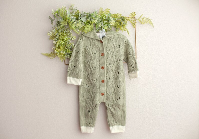 Sage Green Knit Baby Romper with Hood: 6-12 Months image 9