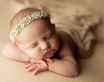 Eliana Beaded Headband, Newborn Photo Prop, Rhinestone Newborn Headband, Gold Rhinestone Band, Rose Gold Beaded Headband