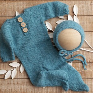 Newborn Knit Romper and Bonnet Set, Baby Footed Long Sleeve Romper, Fuzzy Romper and Bonnet Set, Newborn Footed Romper Set - MAUI BLUE