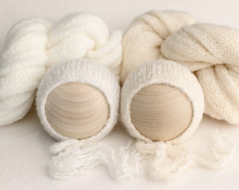 Newborn Stretch Wrap and Bonnet Set, Newborn Photo Prop, Brushed Knit Wrap and Bonnet, Newborn Photo Prop, Baby Photography Props - White