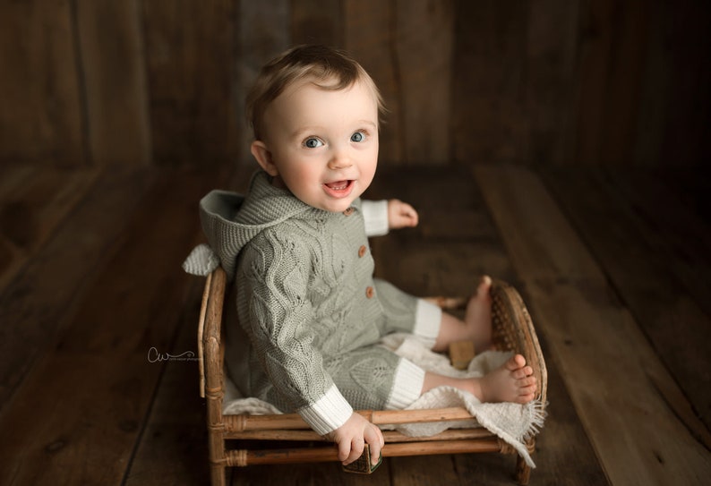 Sage Green Knit Baby Romper with Hood: 6-12 Months image 6