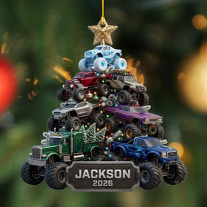 Regalo navideño personalizado de Monster Truck, recuerdo personalizado con nombre de niño, decoración navideña de 4x4 apilados, regalo de camión gigante para niños pequeños 2026
