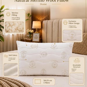 May include: A white rectangular pillow featuring a repeating pattern of small sheep icons and the text Natural Merino Wool Pillow. The pillow has a quilted surface and includes a label indicating dimensions of 50x70 cm for one pillow.