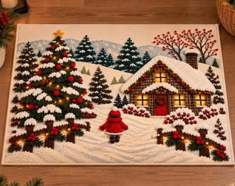 Op de afbeelding: Een rechthoekig kleed met een wintertafereel met een besneeuwde hut, een kerstboom versierd met rode ballen en een figuur in een rode jas. Het ontwerp bevat een besneeuwd landschap, groenblijvende bomen en een houten hek.