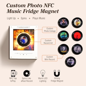 Personalized NFC Music Fridge Magnet, Custom Photo Record Player, Rotating Music Box (Adjustable Volume), Rotating Vinyl Light, Gift for Mom