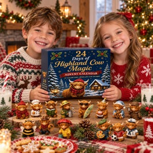 May include: A blue rectangular advent calendar box titled 24 Days of Highland Cow Magic with a snowy landscape illustration. Below the box are 14 small, detailed Highland cow figurines in various outfits, including a chef, surfer, and athlete.