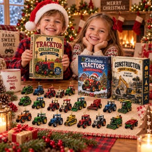 May include: A collection of miniature tractor ornaments displayed with three advent calendar boxes titled My Tracktor Collection, Christmas Tractors, and Construction. The small vehicles feature various colors including red, green, blue, and yellow.