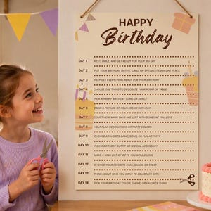 May include: A rectangular wall sign with a rope hanger featuring the text Happy Birthday and a 14-day countdown list. The cream-colored sign includes illustrations of a cake, gift, and bunting. Each day lists a specific activity to complete.