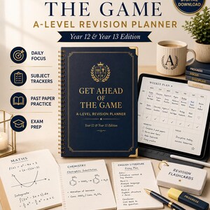 May include: A dark blue spiral-bound A-Level revision planner with gold text reading Get Ahead of the Game Year 12 & Year 13 Edition. The planner is surrounded by study materials including a tablet with a weekly plan, notebooks for maths, chemistry, and English literature, a set of revision flashcards, and a pen.