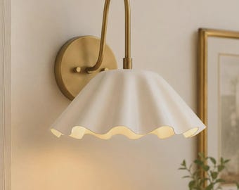 Handcrafted Ceramic Ruffle Wall Sconce, Brass Vanity Light, Mid-Century Lighting