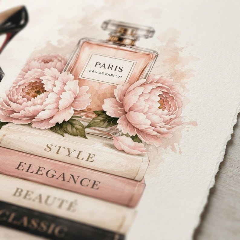 Close-up of the Paris perfume and peony watercolor illustration showing fine paper texture and blush tones.