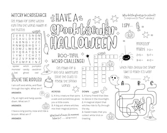 May include: A black and white Halloween activity sheet featuring a word search, crossword puzzle, riddles, I Spy game, monster math problems, and a maze. The page includes illustrations of a witch hat, cauldron, spider, ghost, and pumpkin.