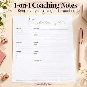 Arbeitsblatt für Coaching-Sitzungsnotizen, pinkfarbene, druckbare PNG-Datei mit Fokus und Handlungsschritten