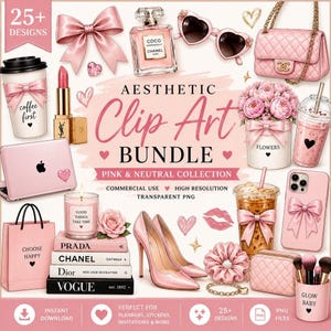 Puede incluir: Un paquete de imágenes prediseñadas digitales con ilustraciones en tonos rosa, que incluyen un frasco de perfume, gafas de sol en forma de corazón, un bolso acolchado, una taza de café, un portátil, libros de moda, tacones y flores.