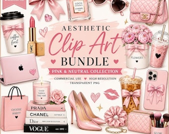 May include: A digital clip art bundle featuring pink-themed illustrations including a perfume bottle, heart-shaped sunglasses, a quilted handbag, a coffee cup, a laptop, a stack of fashion books, high heels, a makeup brush holder, and flowers.