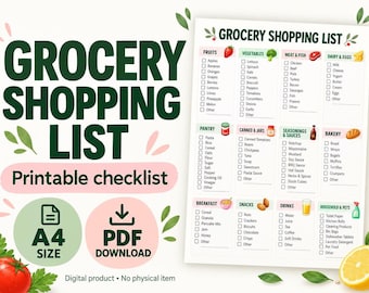 Grocery Shopping List Printable, A4 Categorised Checklist PDF, Weekly Meal Planner Digital Download