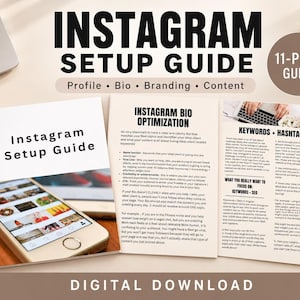 Pode incluir: Um guia de configuração do Instagram de 11 páginas para download digital com texto preto em papel branco. O guia cobre perfil, biografia, branding e conteúdo, com seções sobre estratégia de biografia, palavras-chave e hashtags nas páginas.