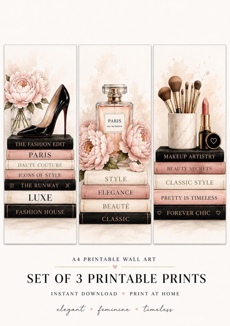 A set of three vertical fashion prints featuring watercolor illustrations of a high heel, a perfume bottle, and makeup brushes resting on stacks of books.